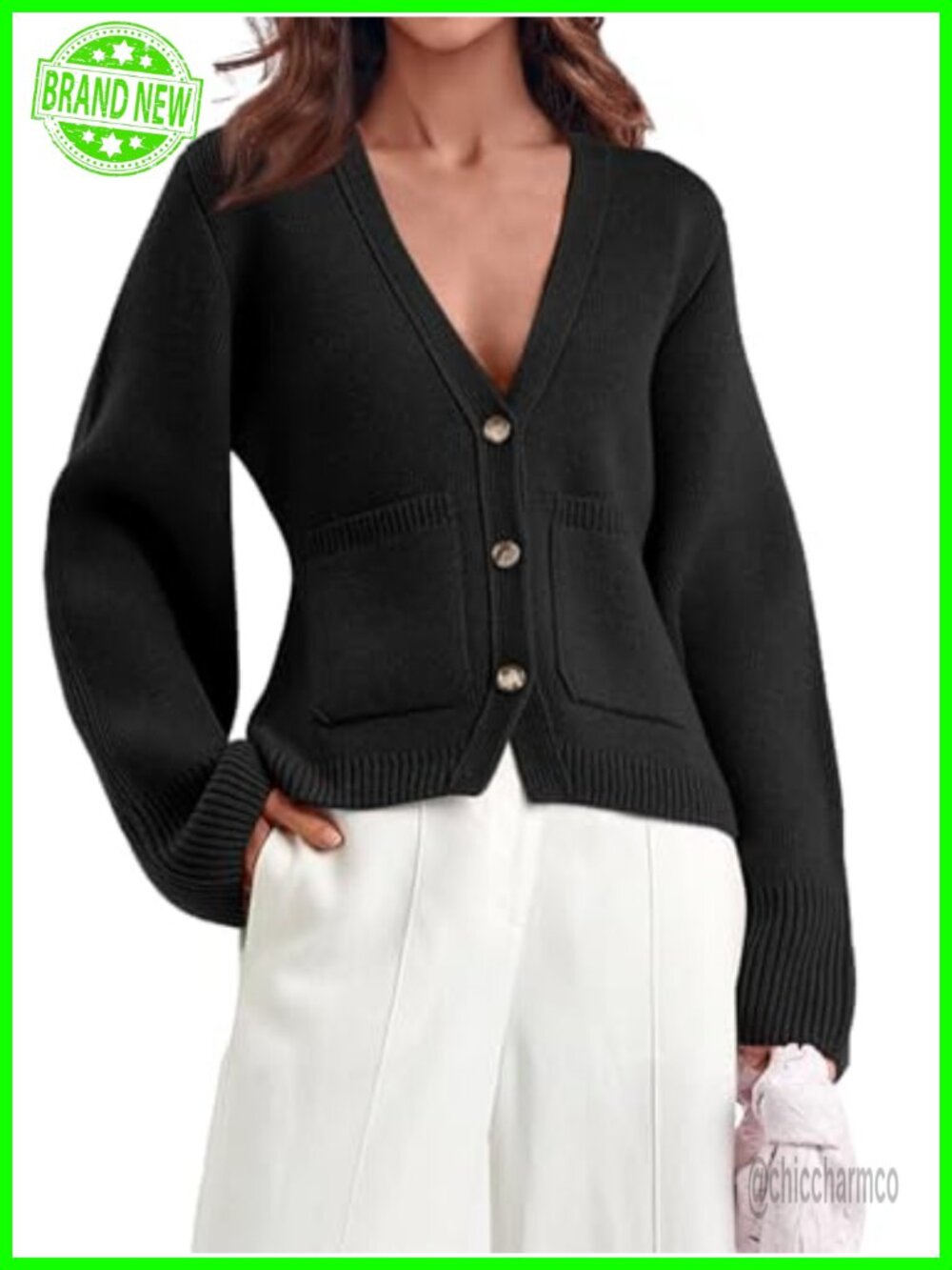 Womens Deep V Neck Button Down Cropped Knit Cardigan Sweater with Pockets